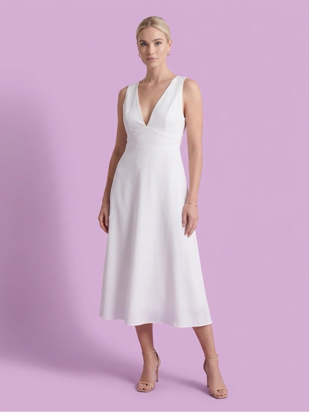 White V-Neck Midi Dress - Women's Dress
